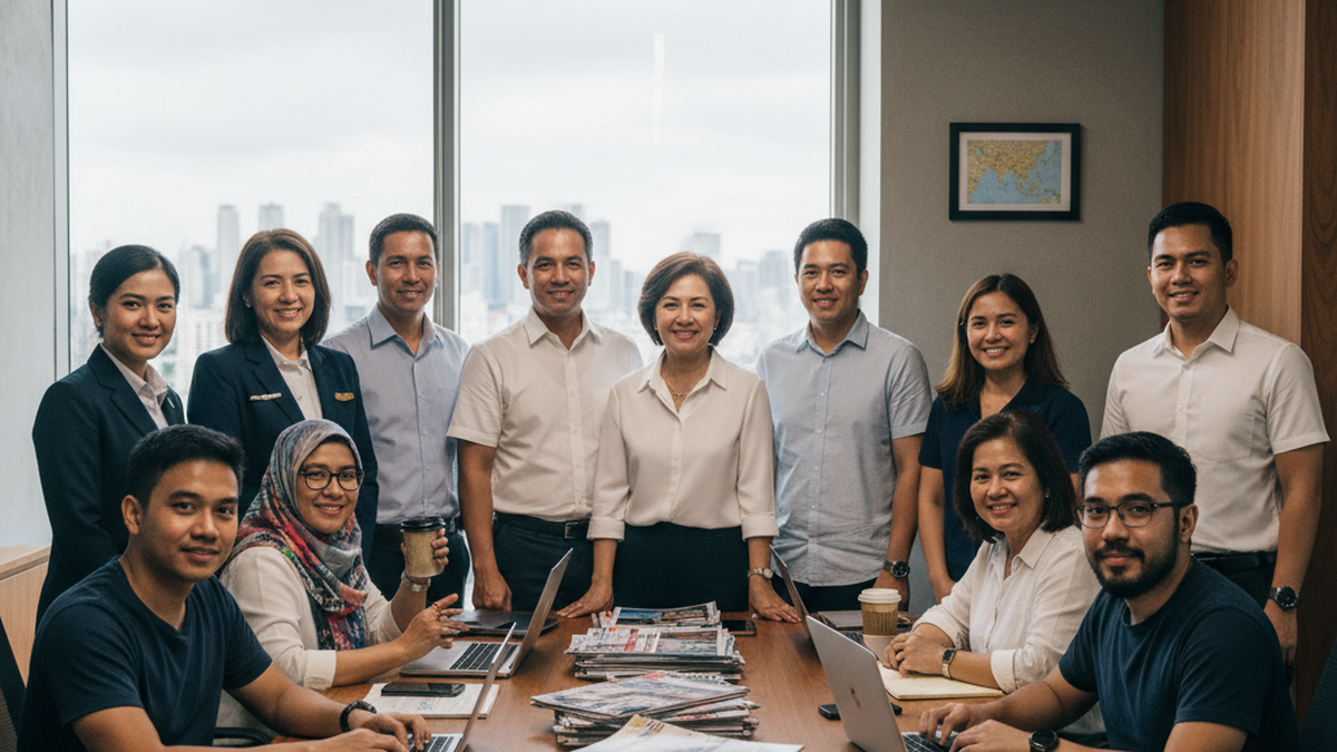 Ang FlyPilipinas editorial team — 14 Filipino na may iba't ibang edad sa kanilang Quezon City newsroom